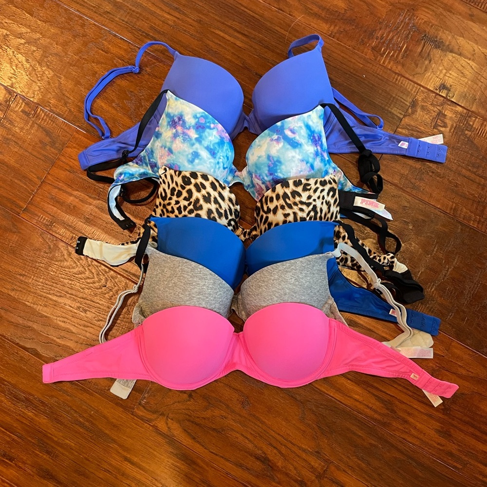 set of 6 victoria’s secret PINK bras 32c blue gray cloud leopard purple pink